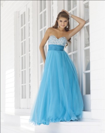 Turquoise A Line Sweetheart Strapless Floor Length Pleated Tulle Prom Dresses With Beads